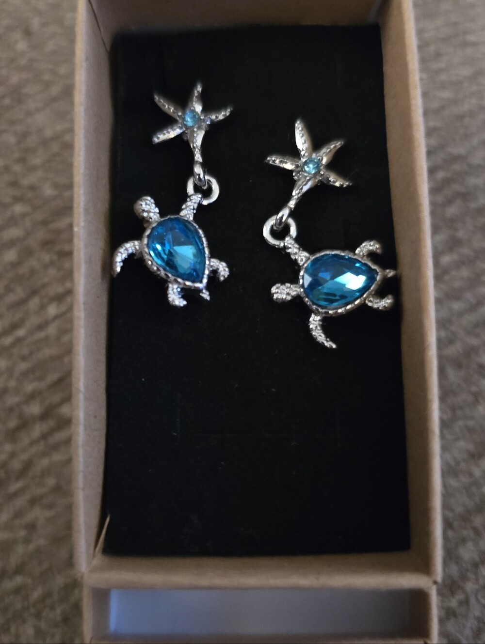 Fashion Jewelry Silver Turtle Drop Earrings with Blue Crystals